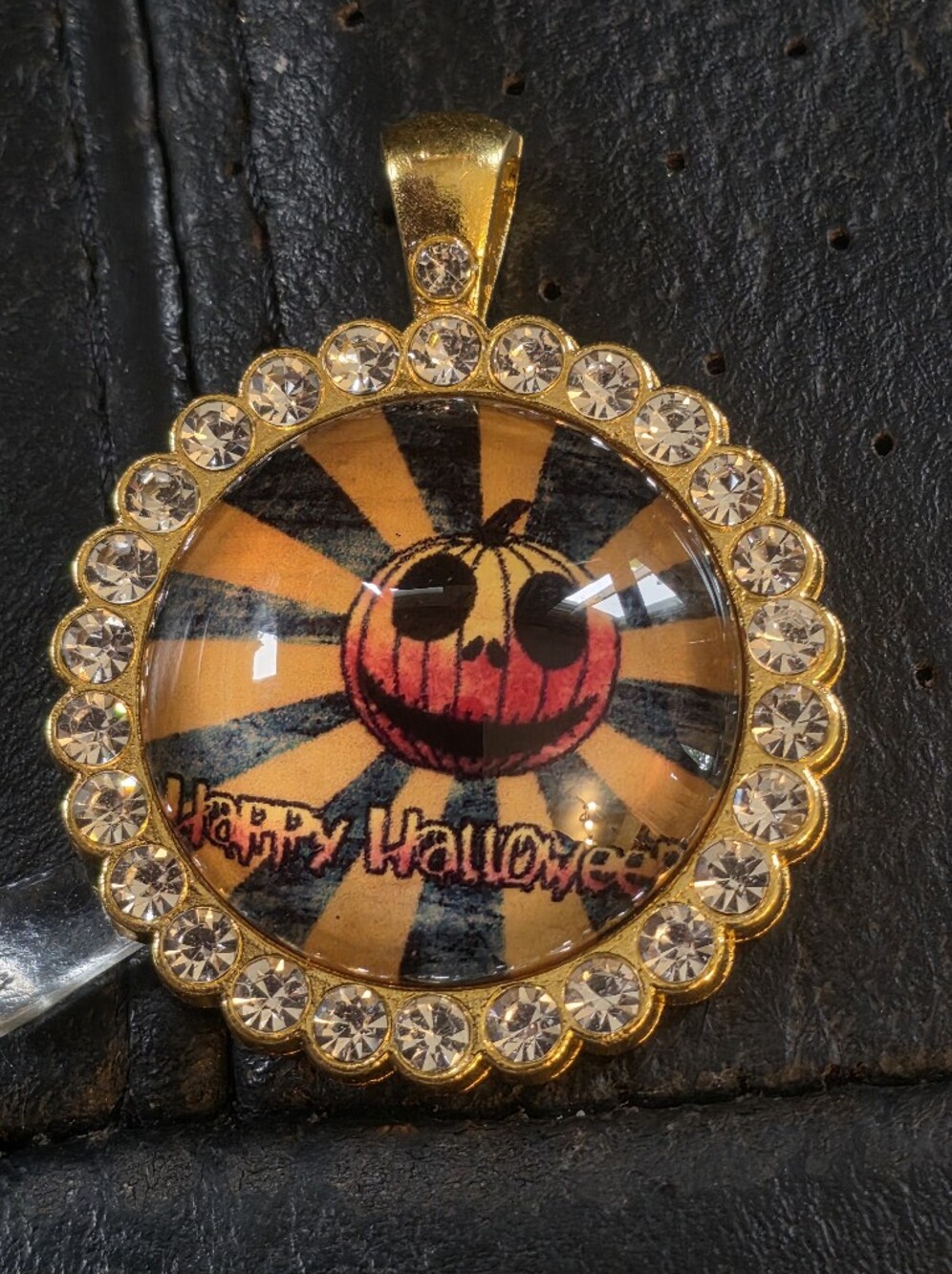 Happy Holloween Pumpkin Cabochon 25 Mm  In Gold Tone Bezel W Rhinestones Pendant